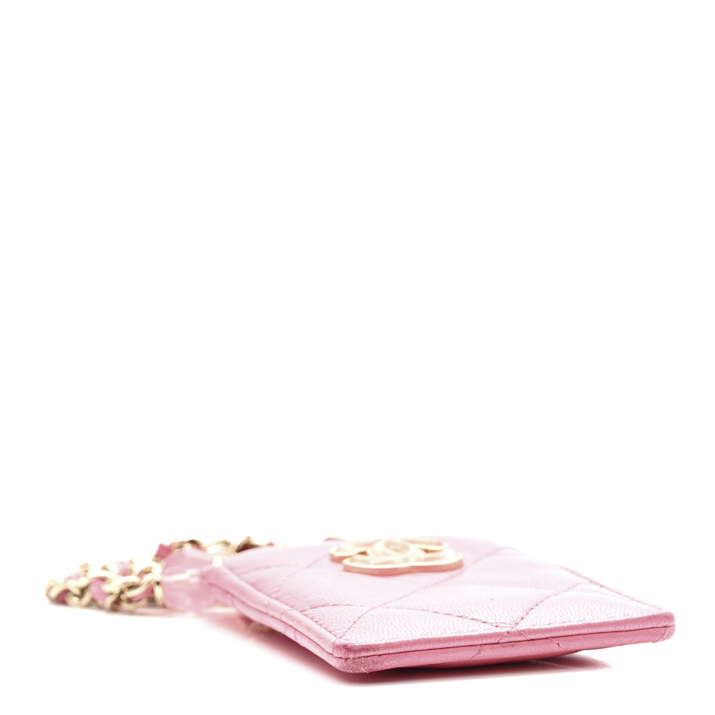 Lambskin Quilted Enamel Chanel Card Holder On Chain Pink
