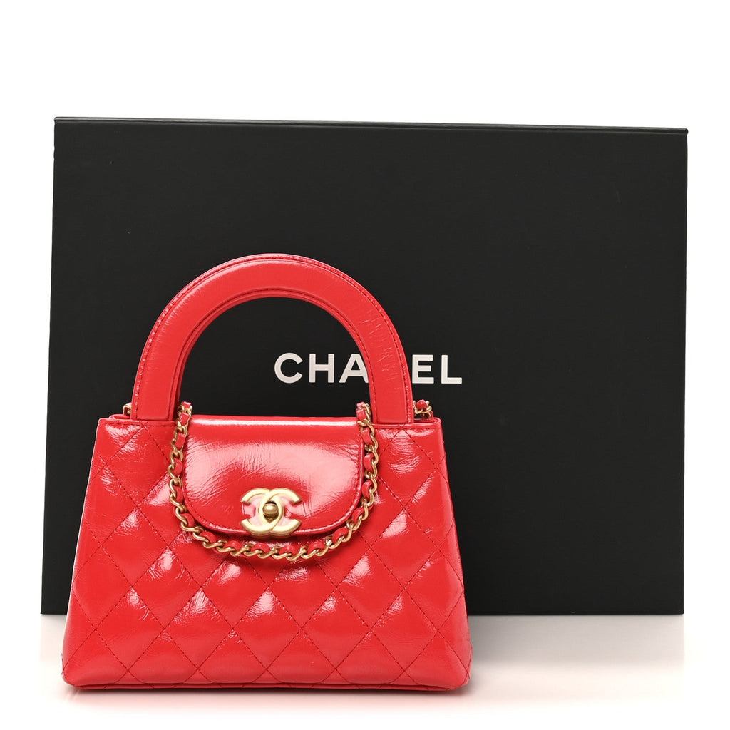 Chanel Shiny Aged Calfskin Quilted Nano Kelly Shopper Dark Red