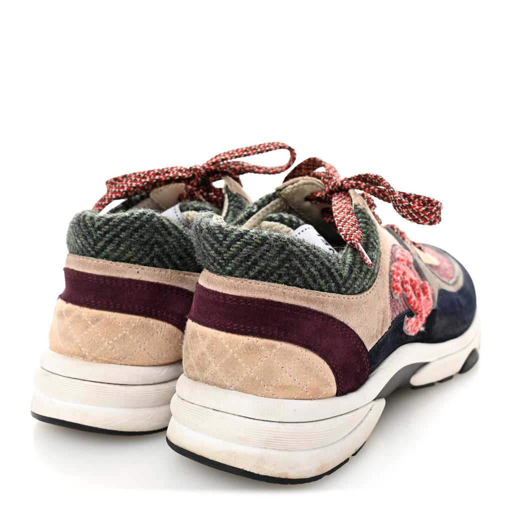 Chanel Tweed Suede CC Sneakers 38.5 Navy Red Multicolor