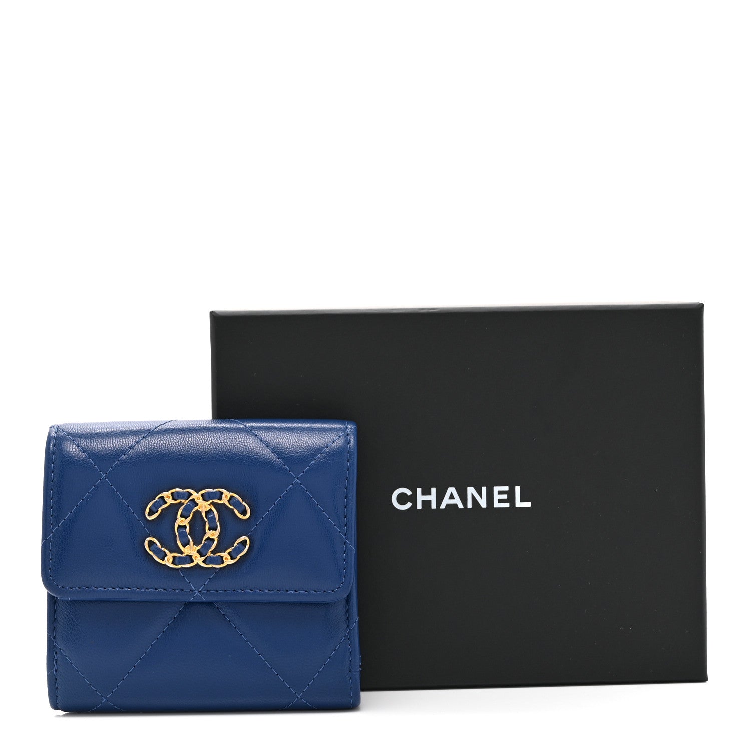 Goatskin Quilted Chanel 19 Small Flap Wallet  Blue