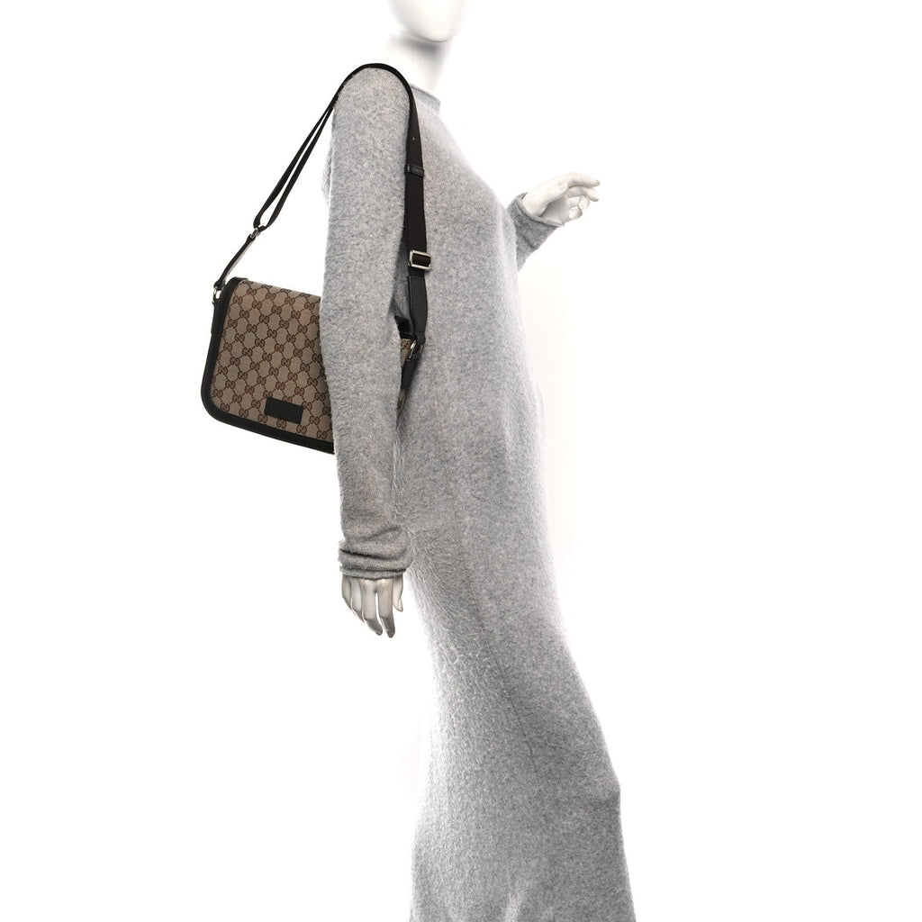 Gucci Monogram Flap Messenger Bag Beige Dark Brown