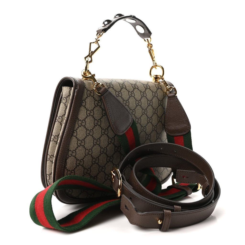 Gucci GG Supreme Monogram Textured Dollar Calfskin Web Medium Blondie Shoulder Flap Bag Beige Ebony New Acero