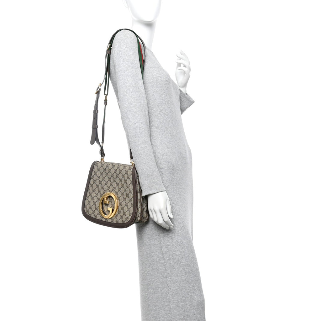 Gucci GG Supreme Monogram Textured Dollar Calfskin Web Medium Blondie Shoulder Flap Bag Beige Ebony New Acero