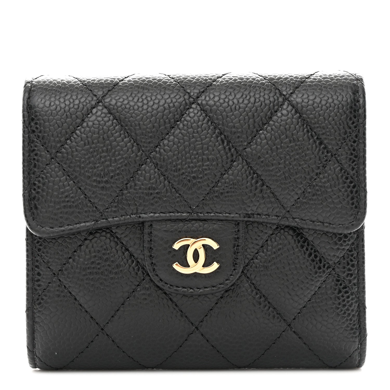 Caviar Quilted Compact Flap Wallet Black