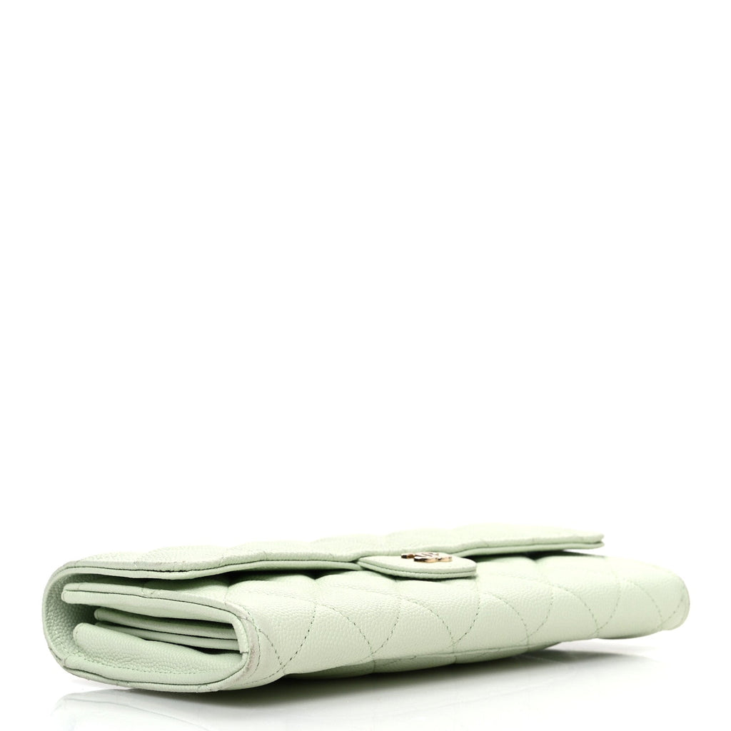 Caviar Quilted Large Gusset Flap Wallet Light Green