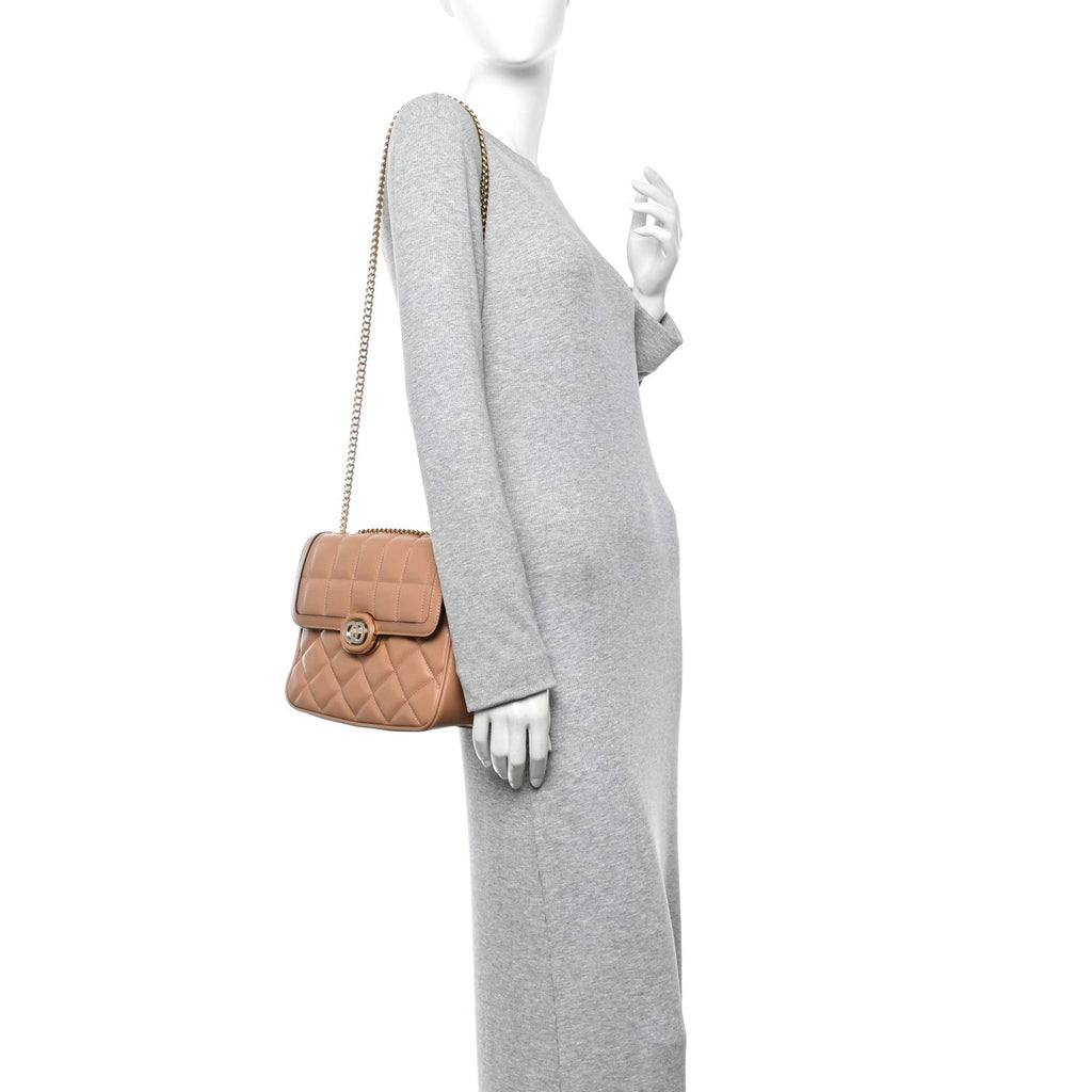 Gucci Calfskin Quilted Small Deco Shoulder Bag Camelia