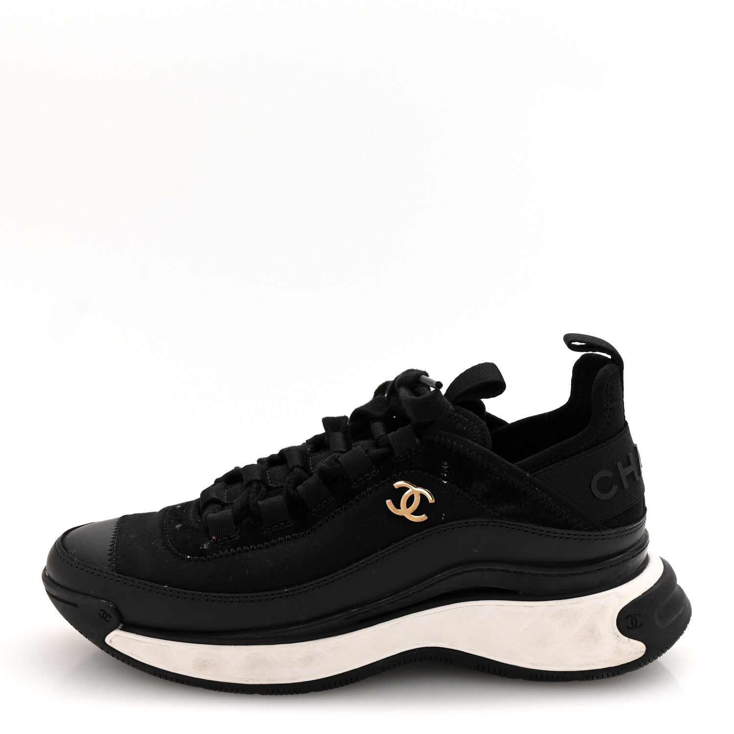 Chanel Velvet Calfskin Mixed Fibers CC Sneakers 36 Black