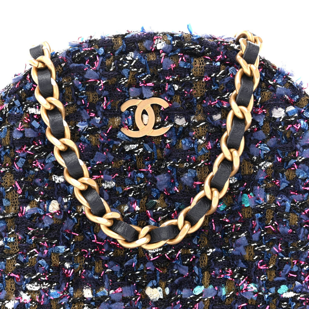 Chanel Tweed Quilted Round Clutch With Chain Multicolor