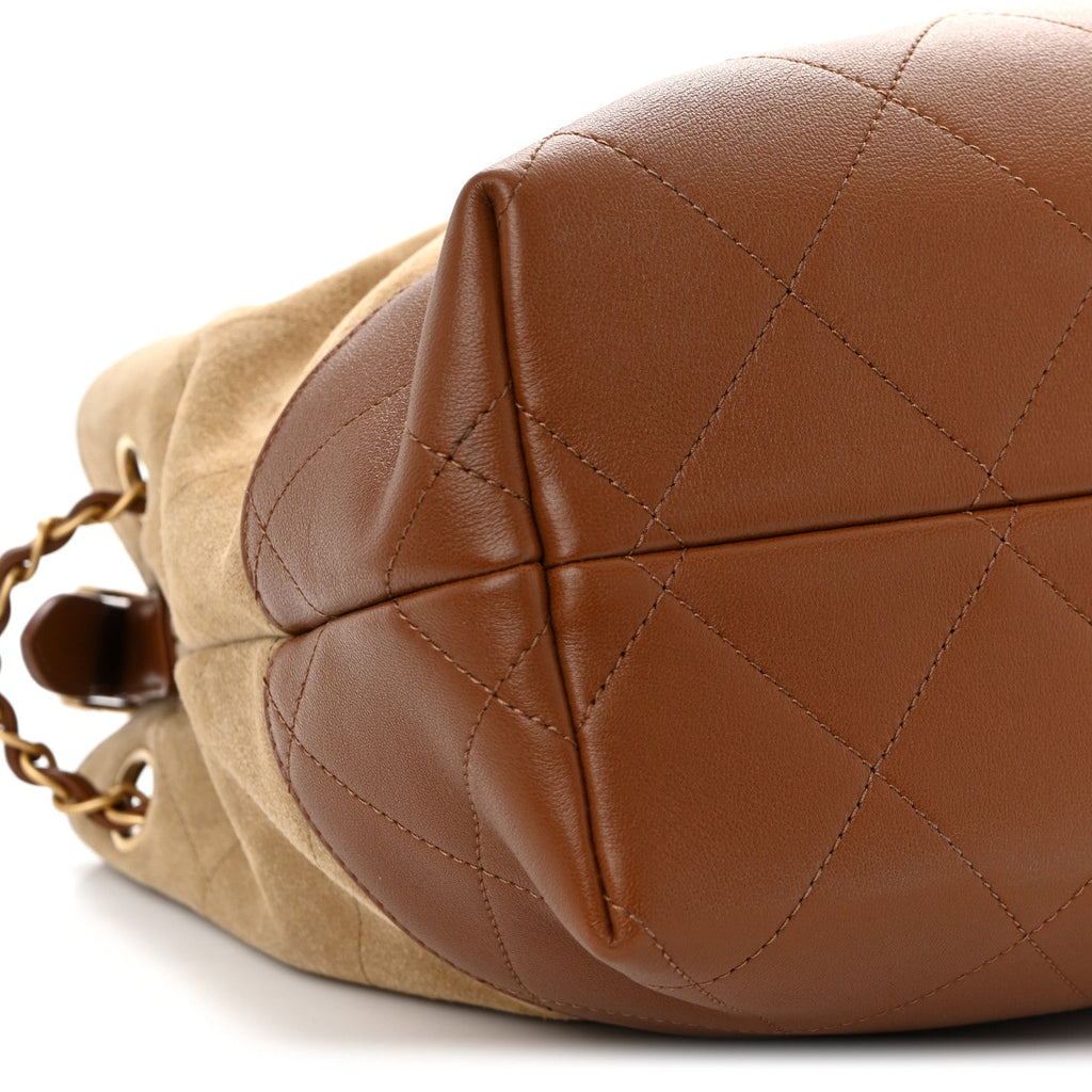 Chanel Suede Calfskin Shiny Lambskin Quilted Small Coco Base Shopping Bag Beige Camel
