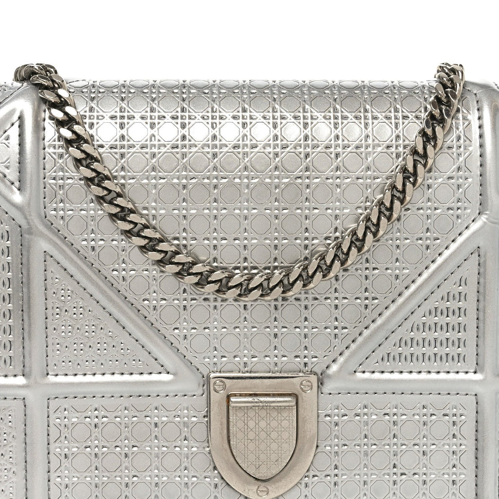 Christian Dior Metallic Patent Micro-Cannage Diorama Wallet on Chain Pouch Silver