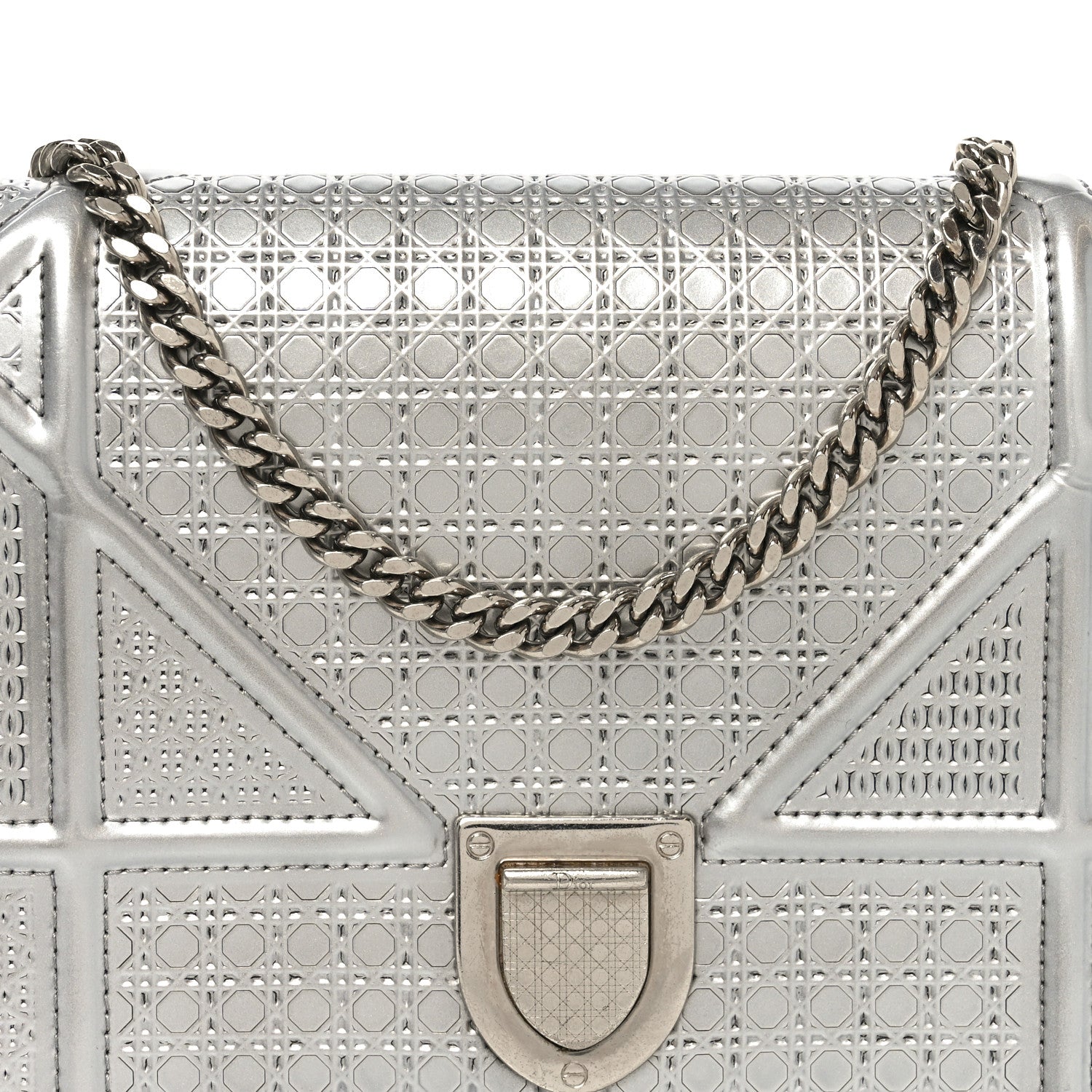 Christian Dior Metallic Patent Micro-Cannage Diorama Wallet on Chain Pouch Silver