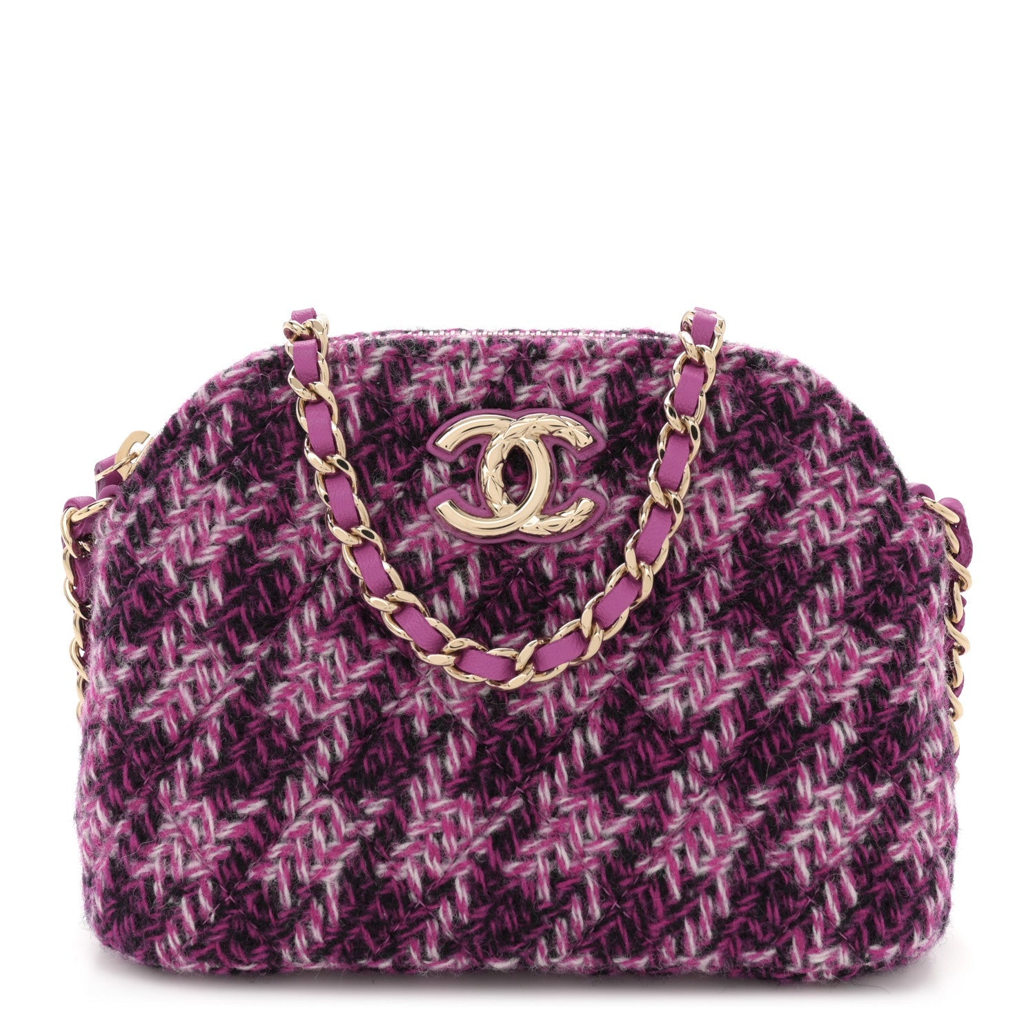 Chanel Tweed Quilted Mini Clutch With Chain Purple