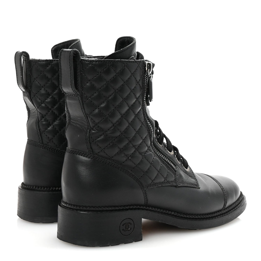 Calfskin Quilted Lace Up Combat Boots 37.5 Black