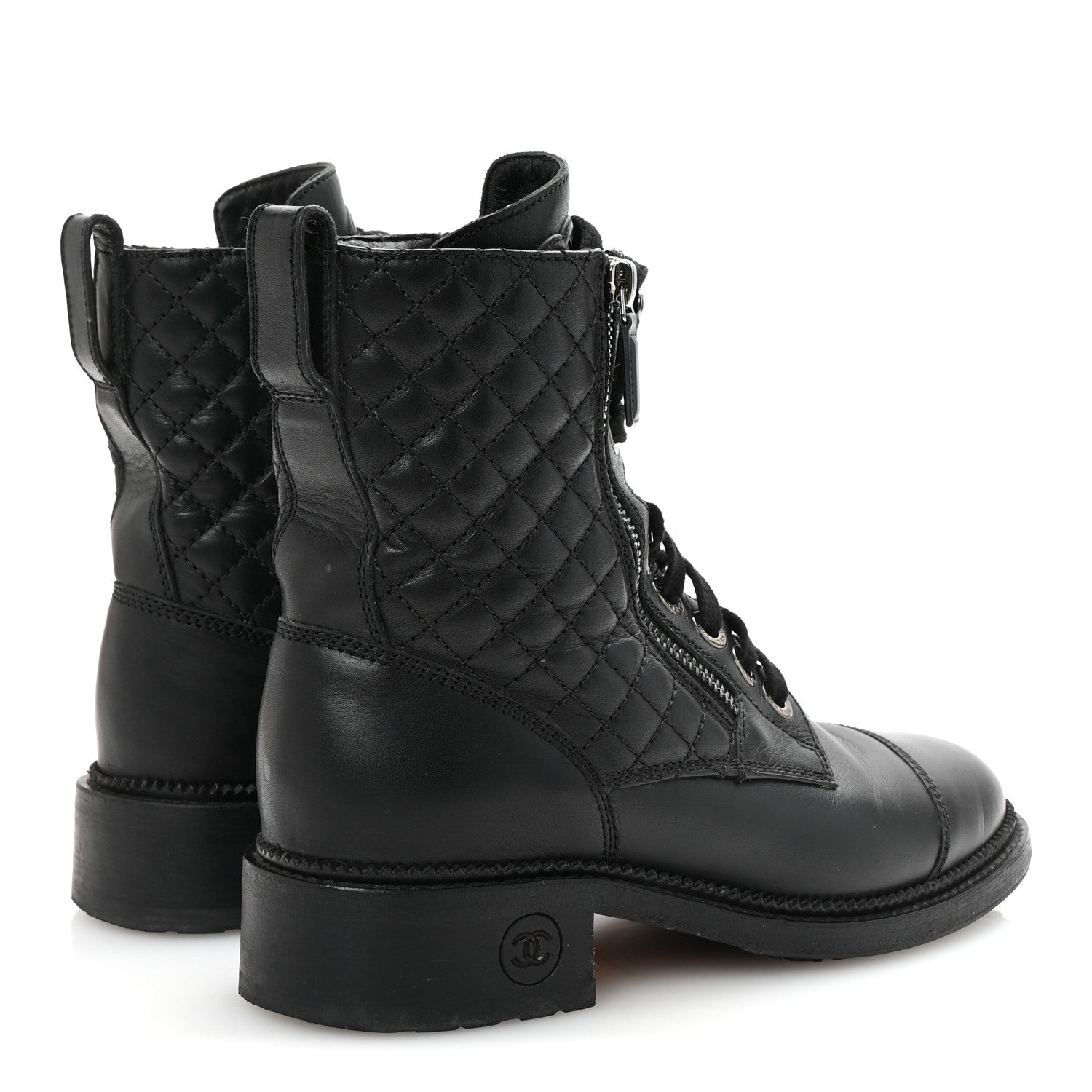 Calfskin Quilted Lace Up Combat Boots 37.5 Black