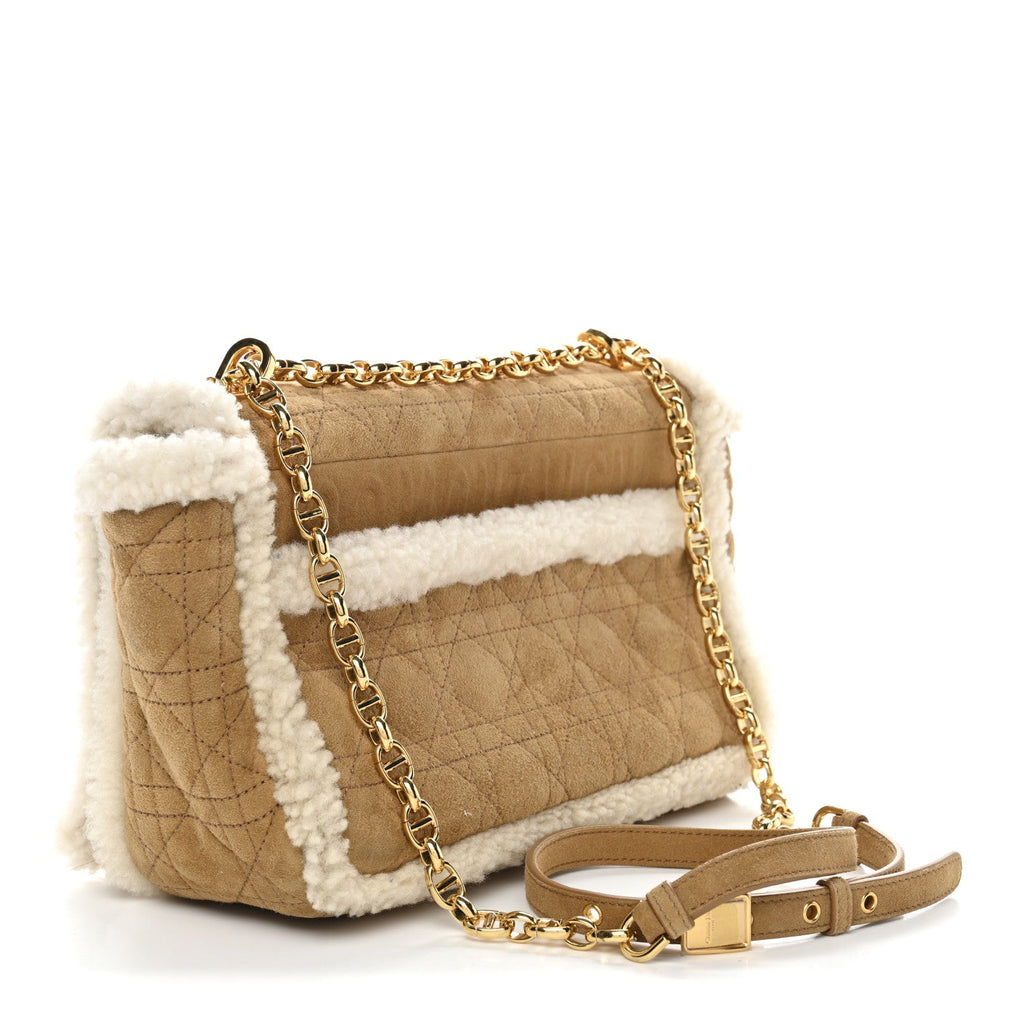 Christian Dior Shearling Cannage Large Caro Bag Camel