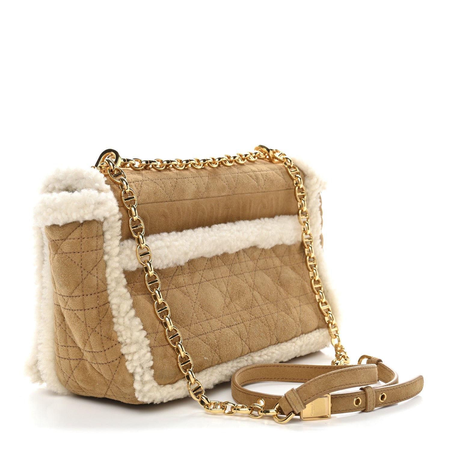 Christian Dior Shearling Cannage Large Caro Bag Camel