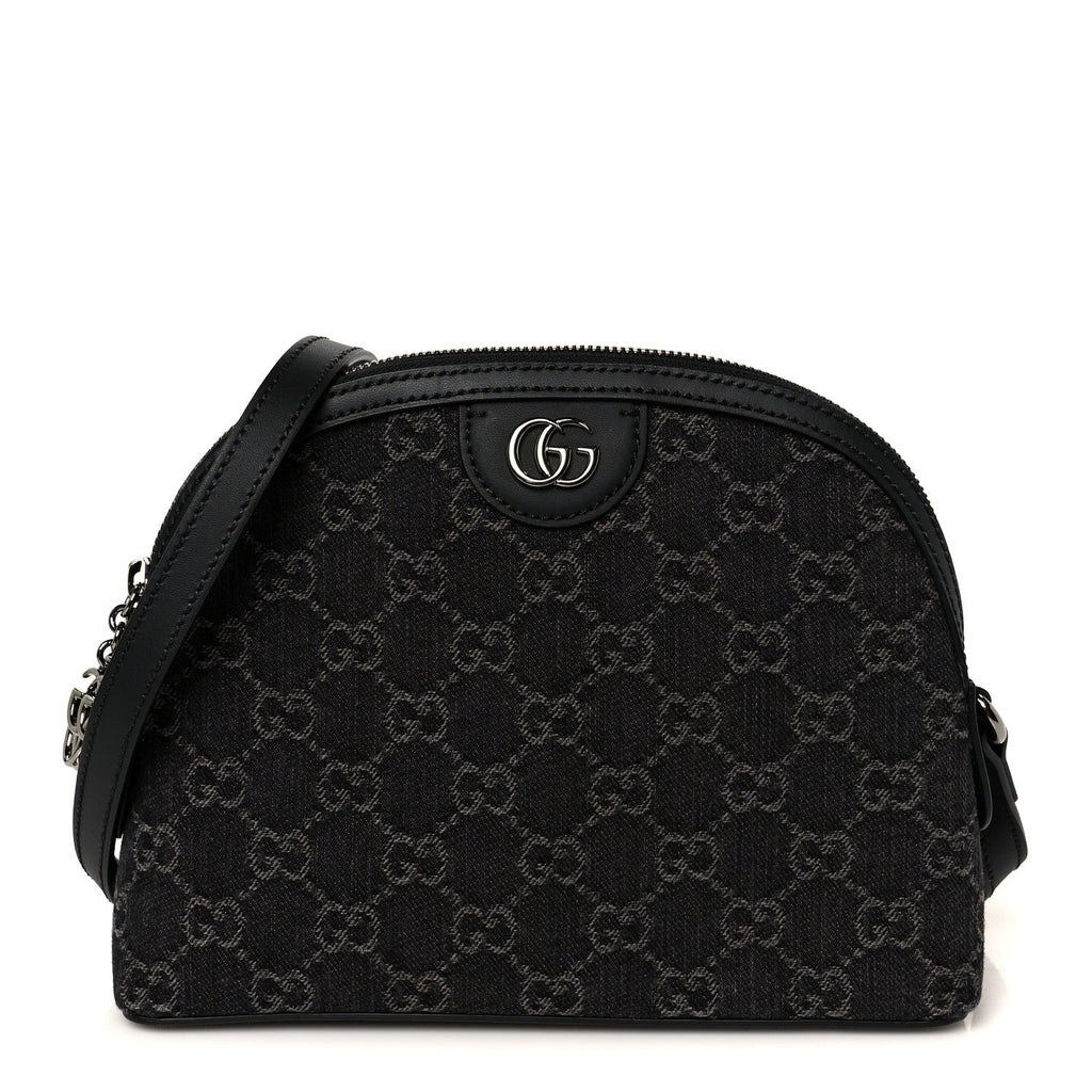 Gucci Denim Cuoio Harness GG Monogram Small Ophidia Dome Shoulder Bag Black Medium Grey