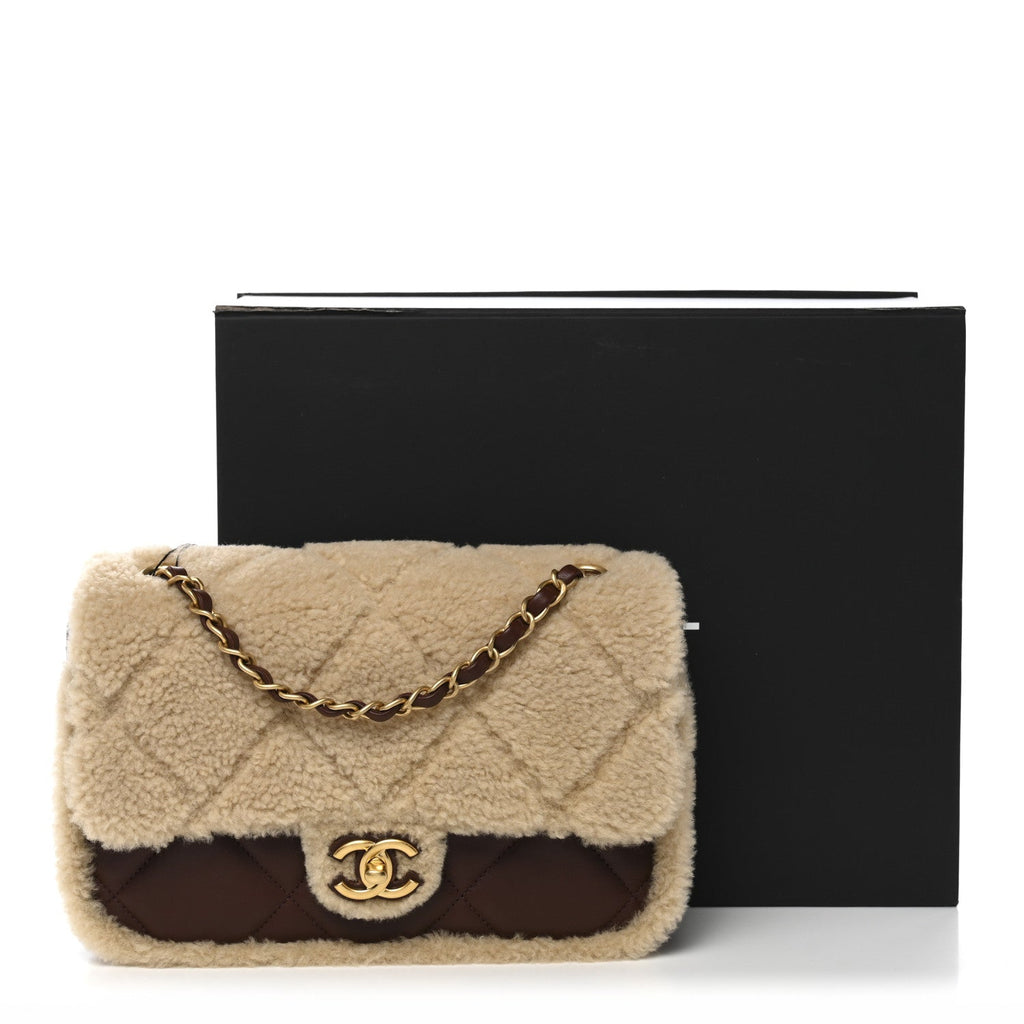 Chanel Shearling Lambskin Quilted Furry Coco Flap Dark Brown Beige