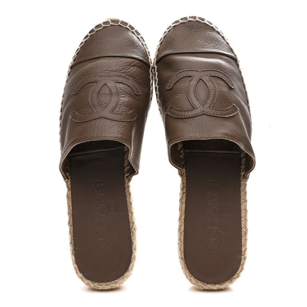 Calfskin CC Espadrille Mules 36 Dark Beige