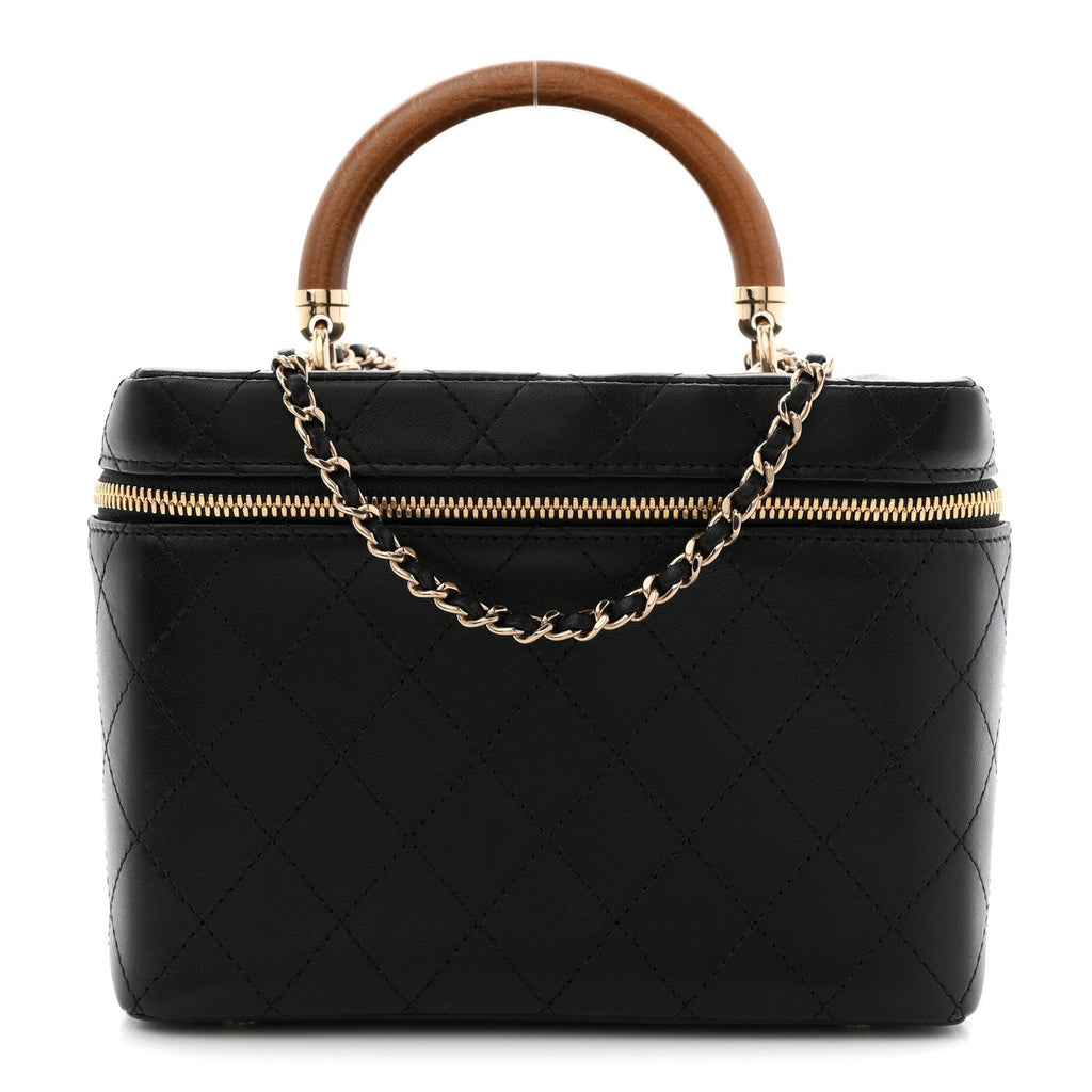 Chanel Lambskin Flat Quilted Knock On Wood Large Vanity Case Black