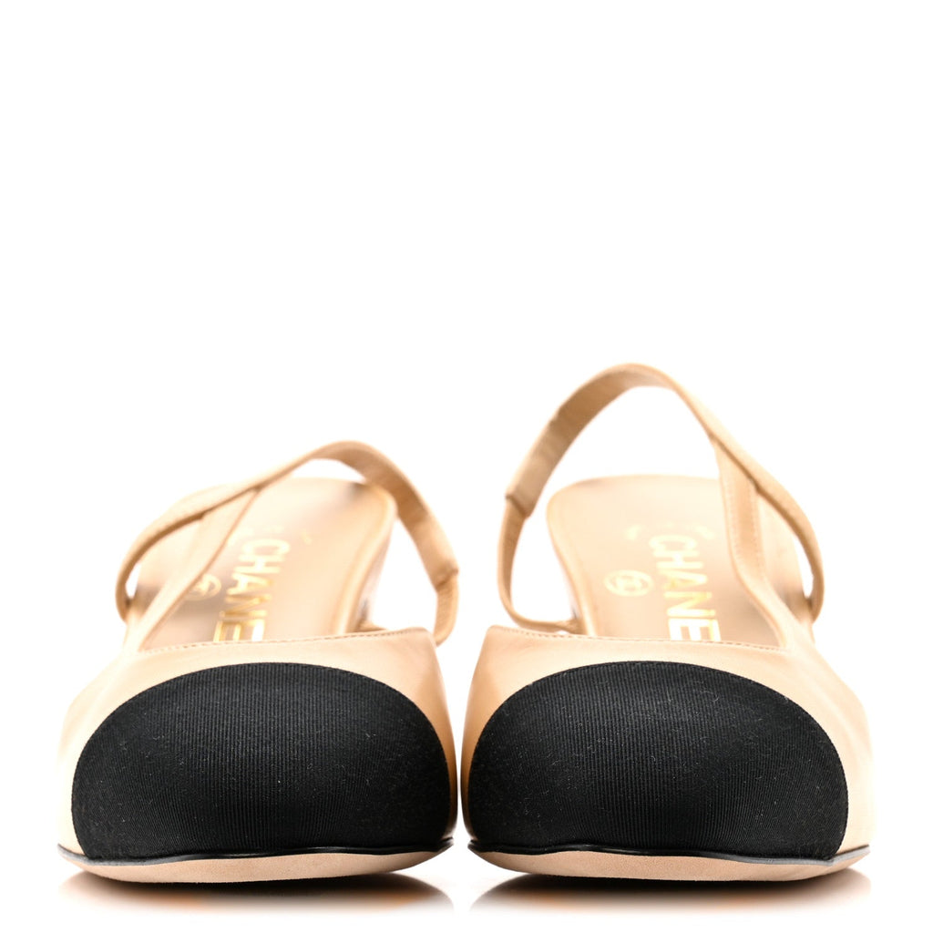 Goatskin Grosgrain Cap Toe CC Slingback Pumps 36.5 Beige Black