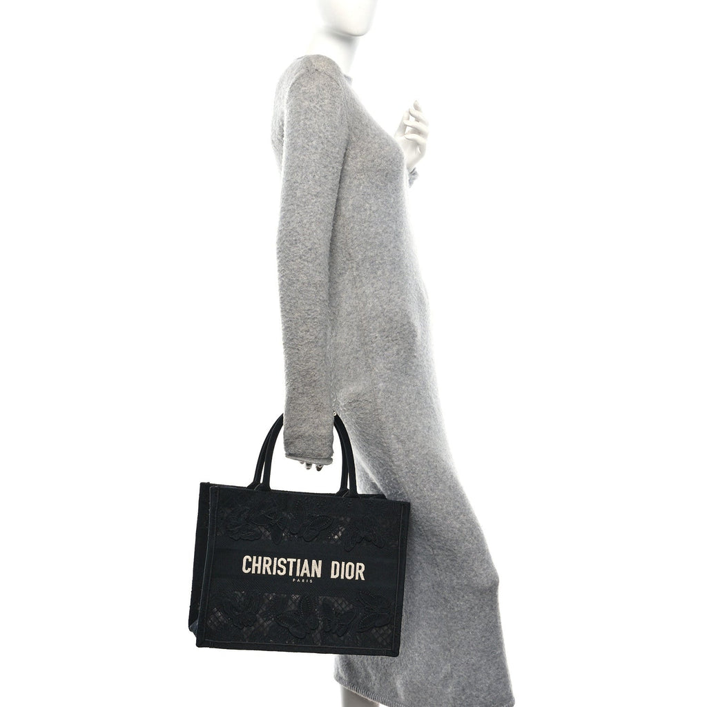 Christian Dior Embroidered 3D Macrame D-Lace Butterfly Medium Book Tote Black Multicolor