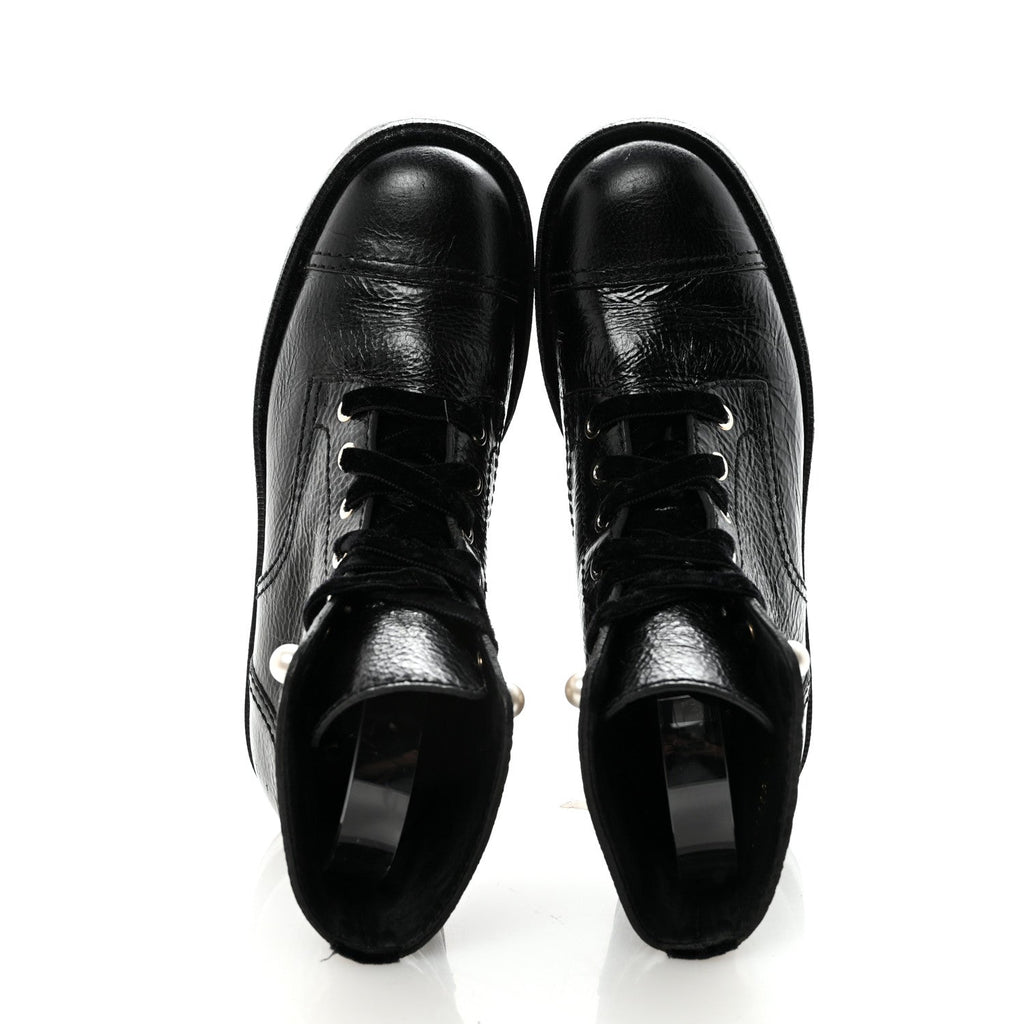 Chanel Shiny Calfskin Velvet Pearl Combat Short Boots 38.5 Black