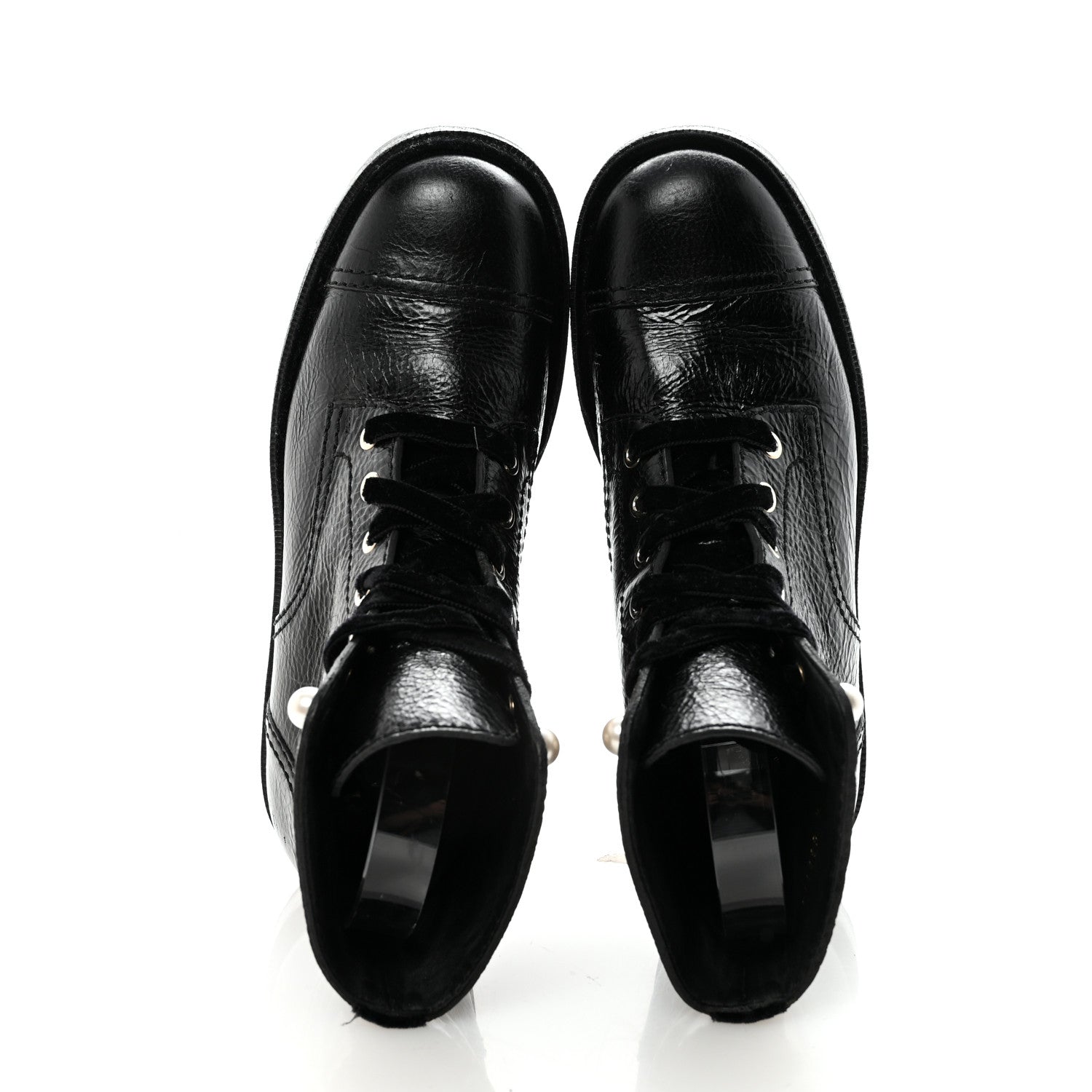 Chanel Shiny Calfskin Velvet Pearl Combat Short Boots 38.5 Black