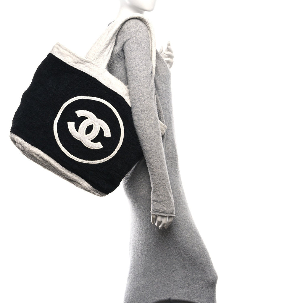 Chanel Terry Cotton CC Beach Tote Towel Set Black White