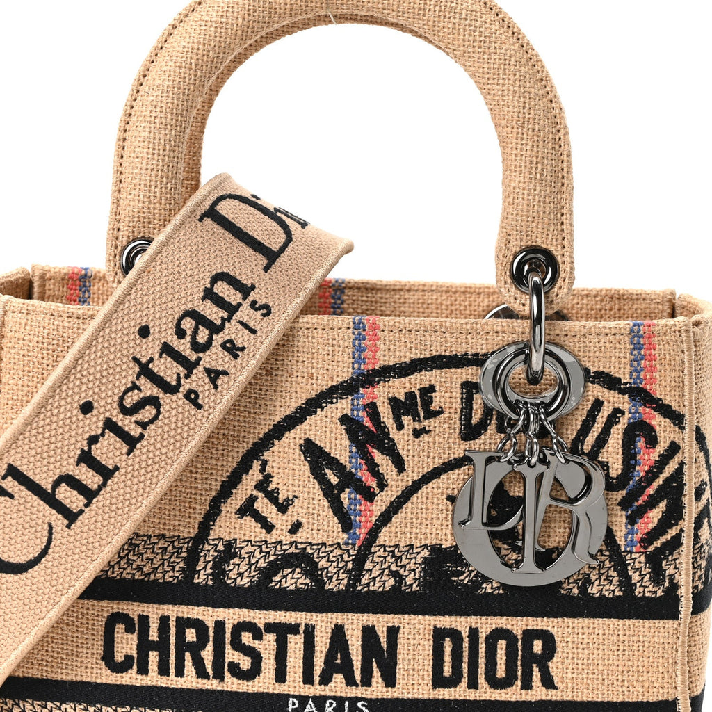 Christian Dior Canvas Jute Embroidered Medium Lady D-Lite Beige Multicolor