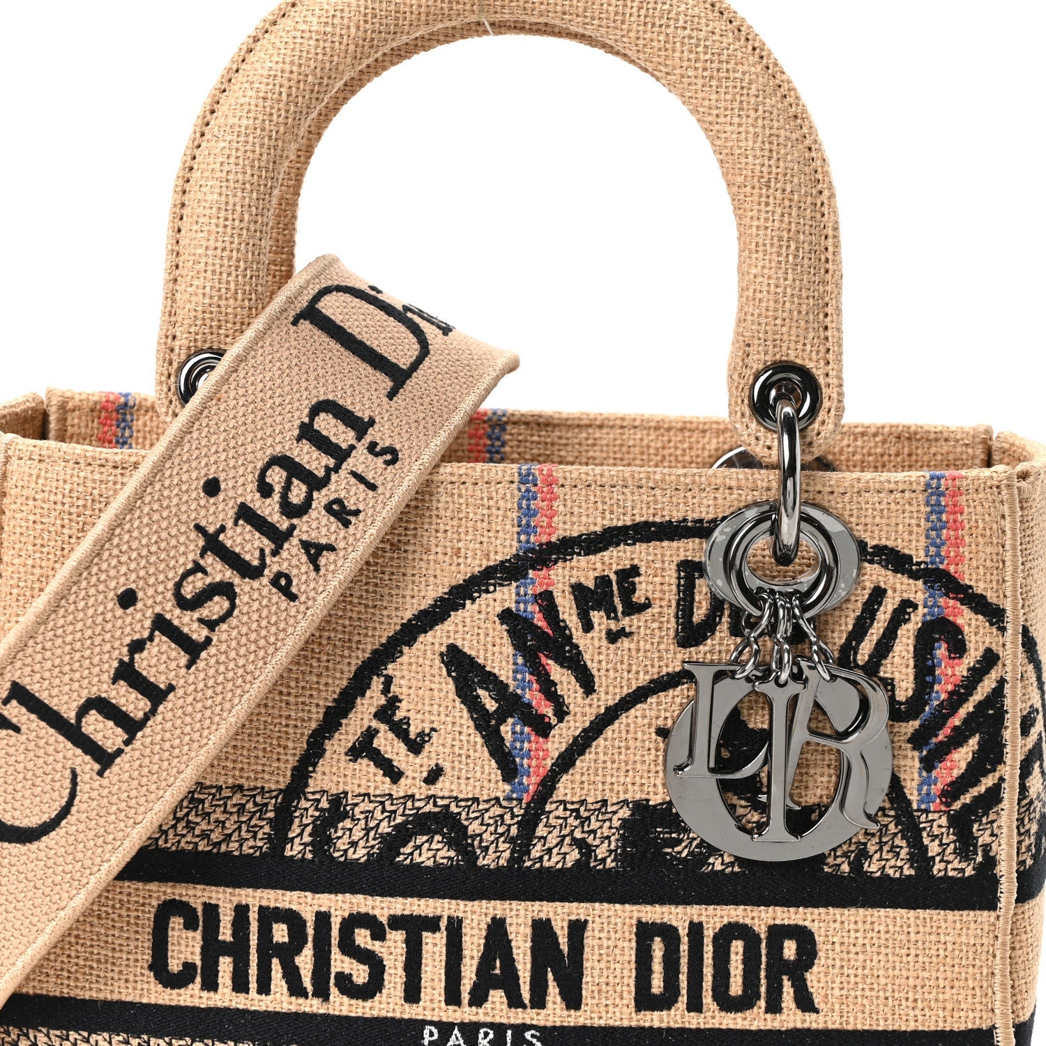 Christian Dior Canvas Jute Embroidered Medium Lady D-Lite Beige Multicolor