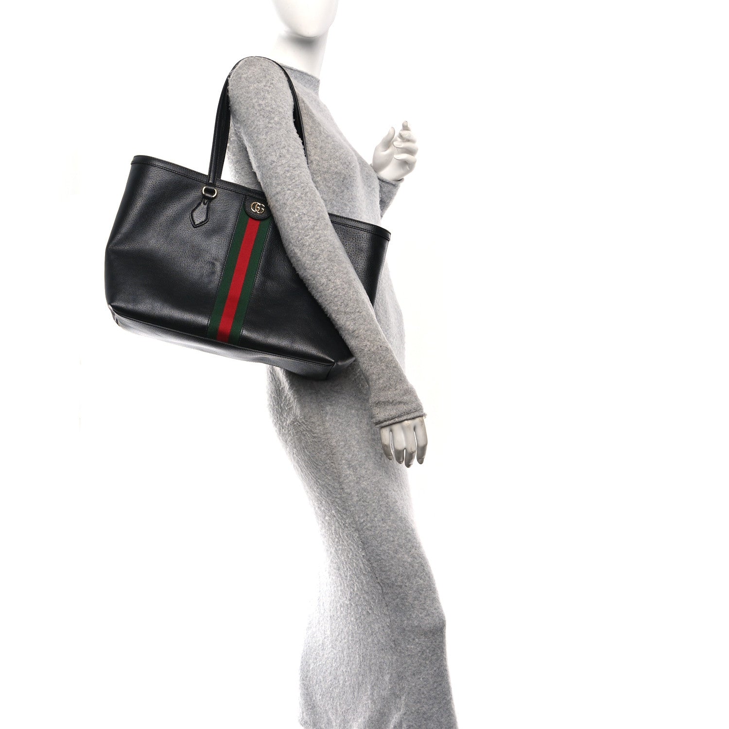 Gucci Textured Calfskin Web Medium Ophidia Shopping Tote Black