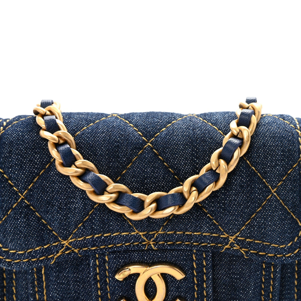 Chanel Denim Quilted Double You Card Holder On Chain Blue