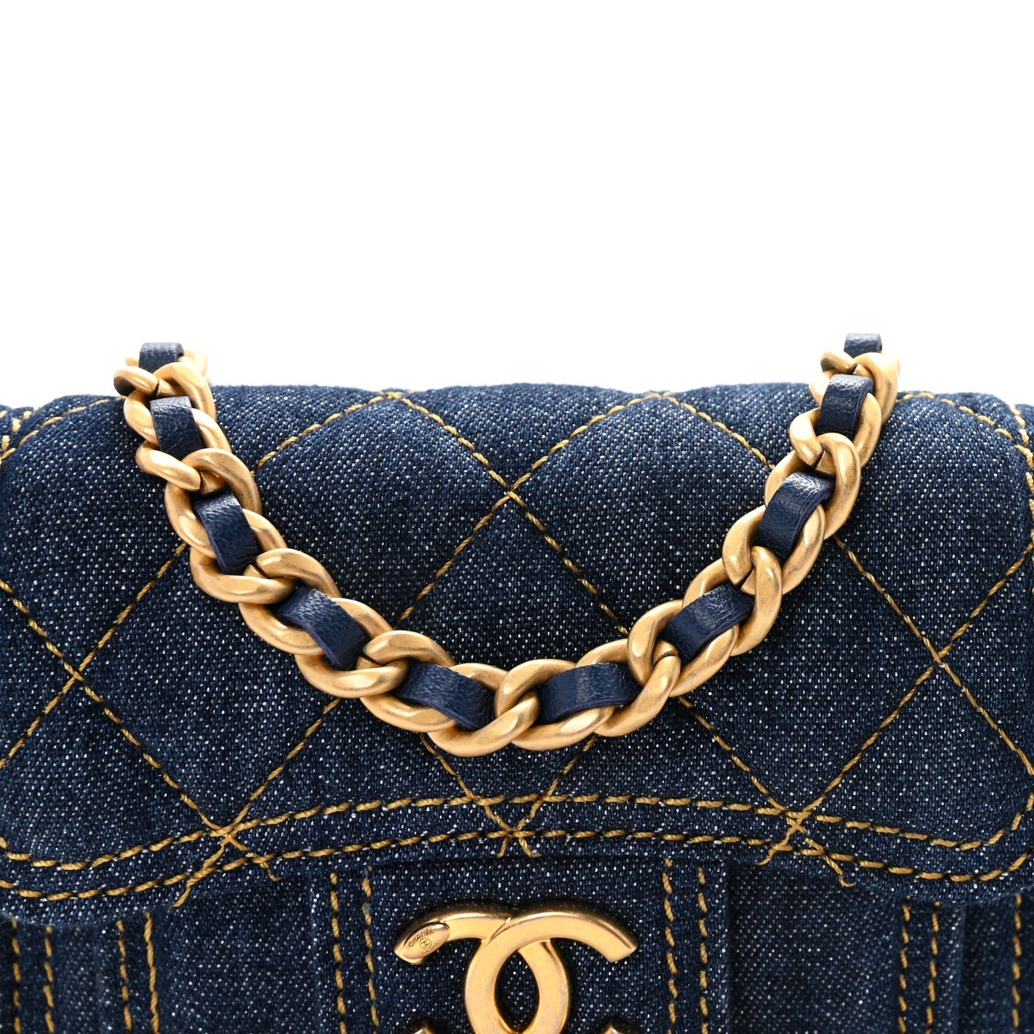 Chanel Denim Quilted Double You Card Holder On Chain Blue