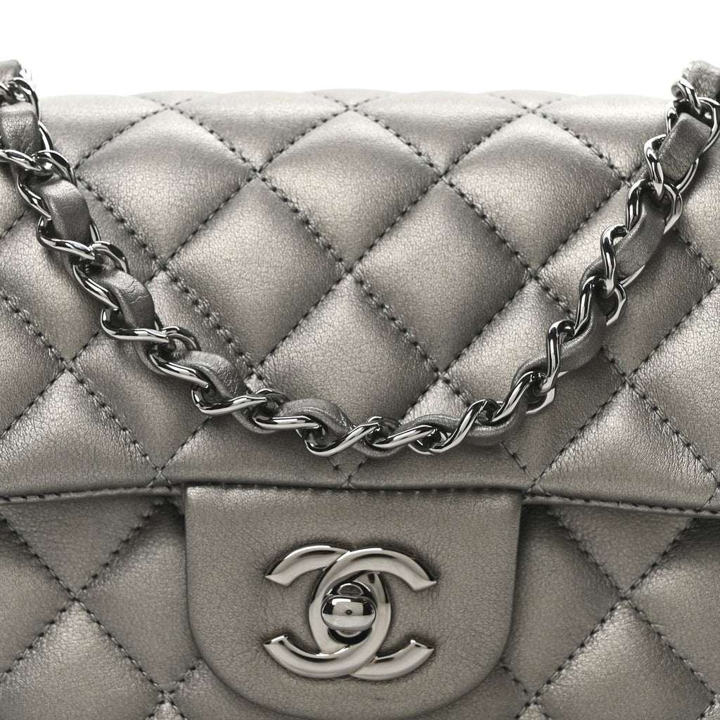 Chanel Metallic Lambskin Quilted Mini Rectangular Flap  Dark Grey