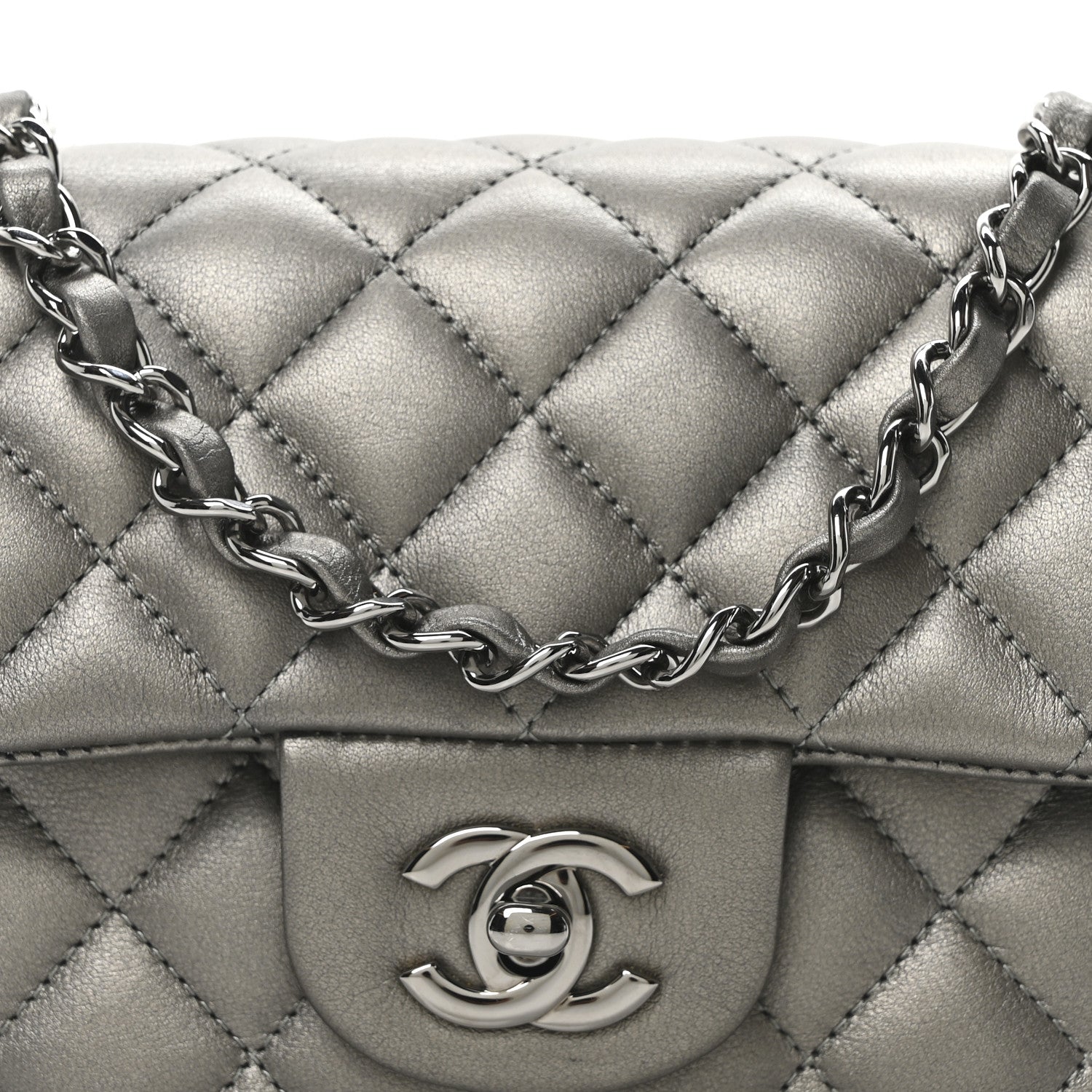 Chanel Metallic Lambskin Quilted Mini Rectangular Flap  Dark Grey