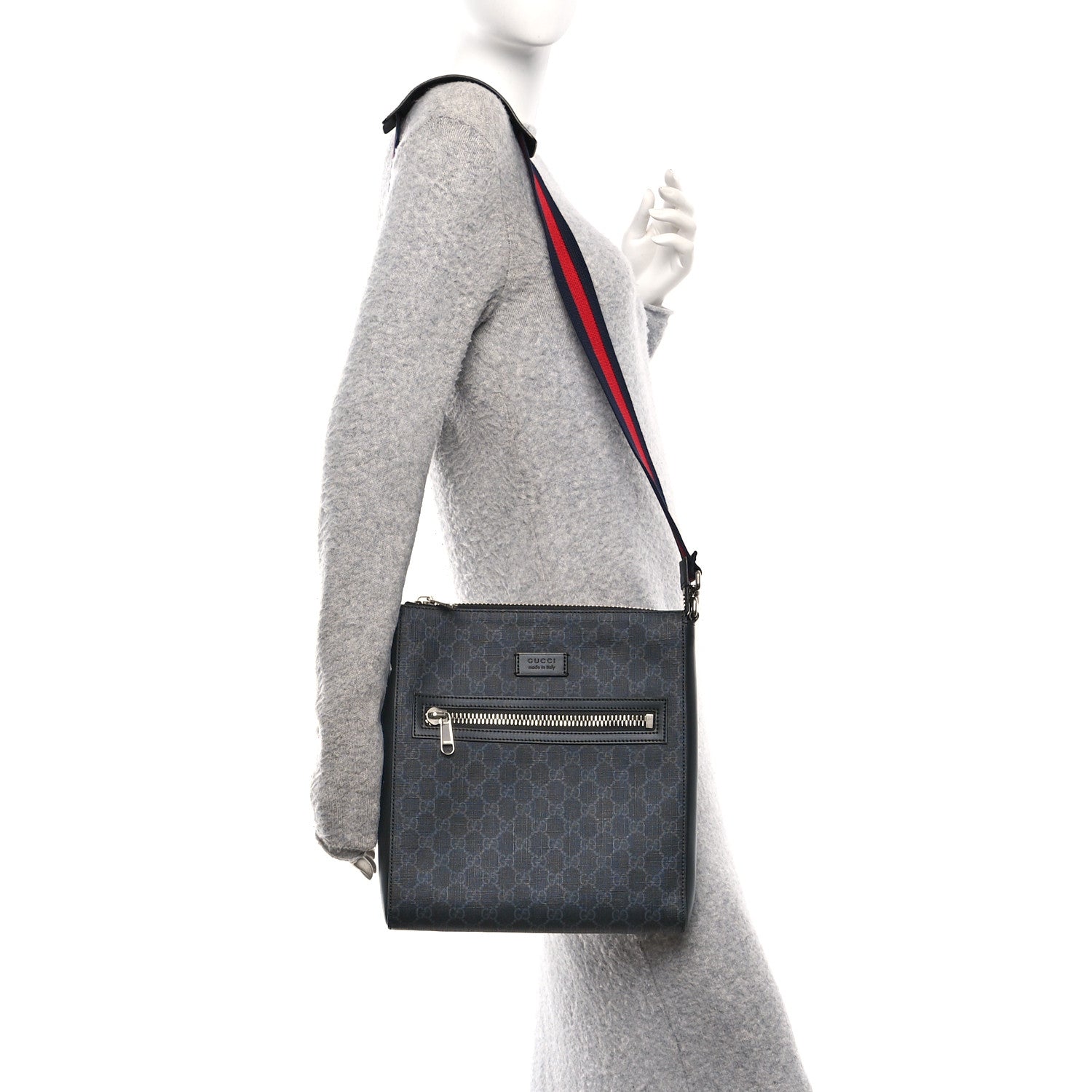 Gucci GG Supreme Monogram Appia Calfskin Web Flat Messenger Bag Black Grey