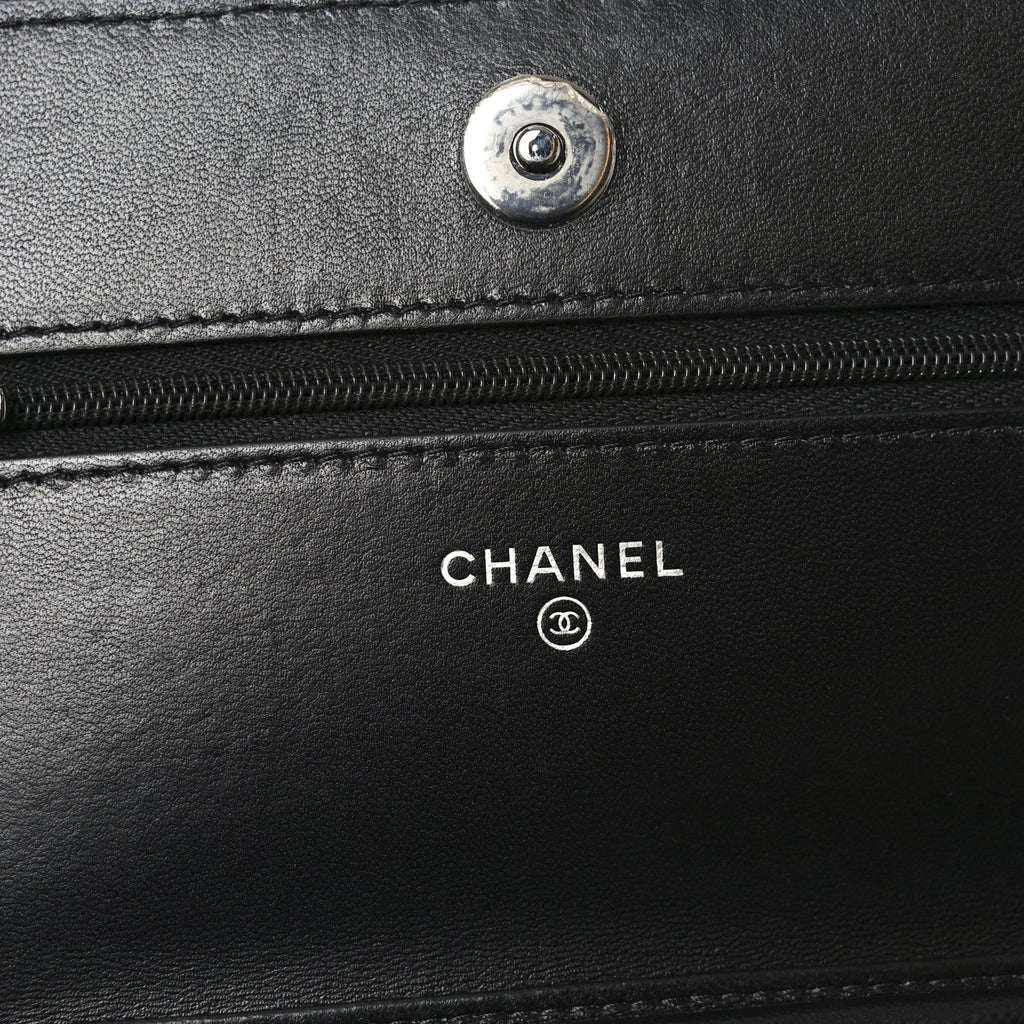 Chanel Printed Denim Quilted Flower Wallet On Chain WOC Black