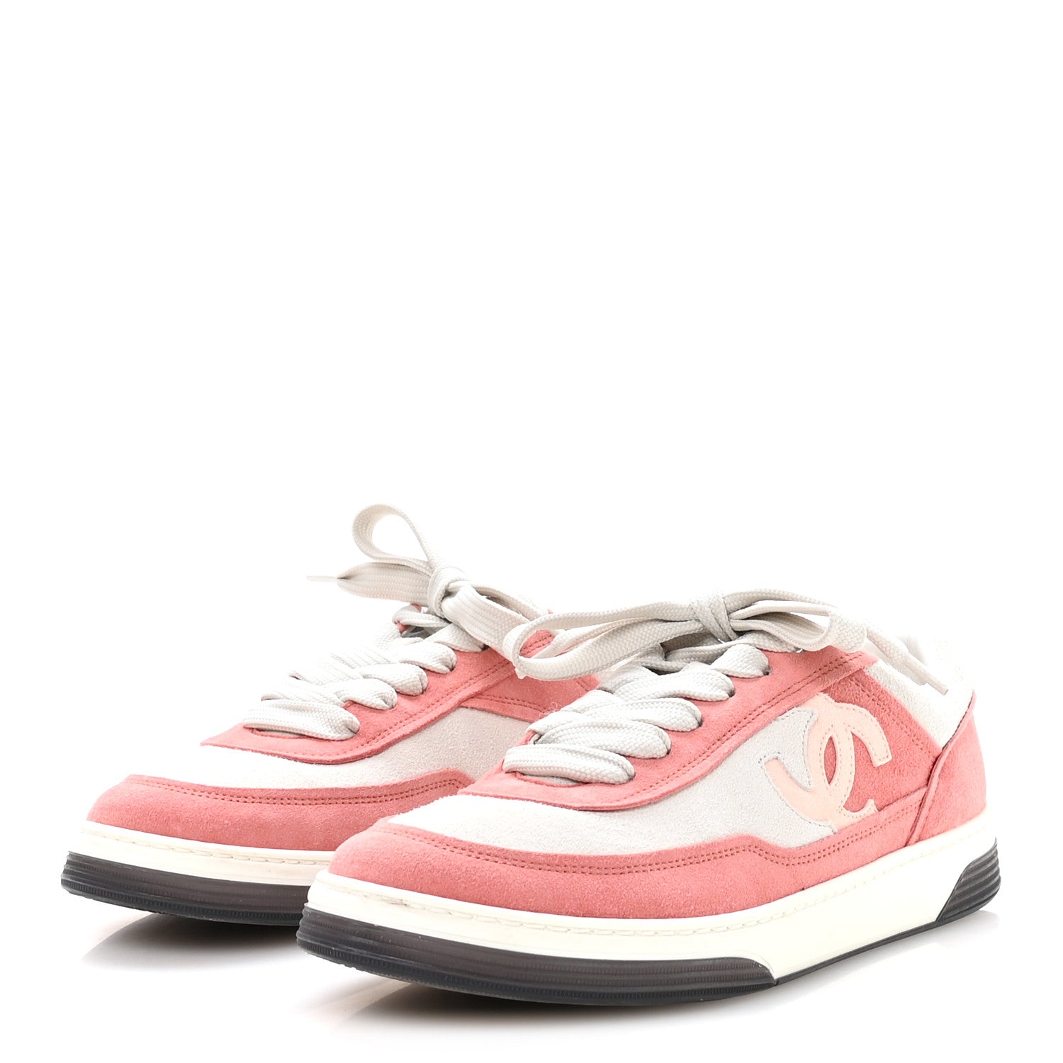 Chanel Suede Kidskin Womens CC Sneakers 38.5 White Pink