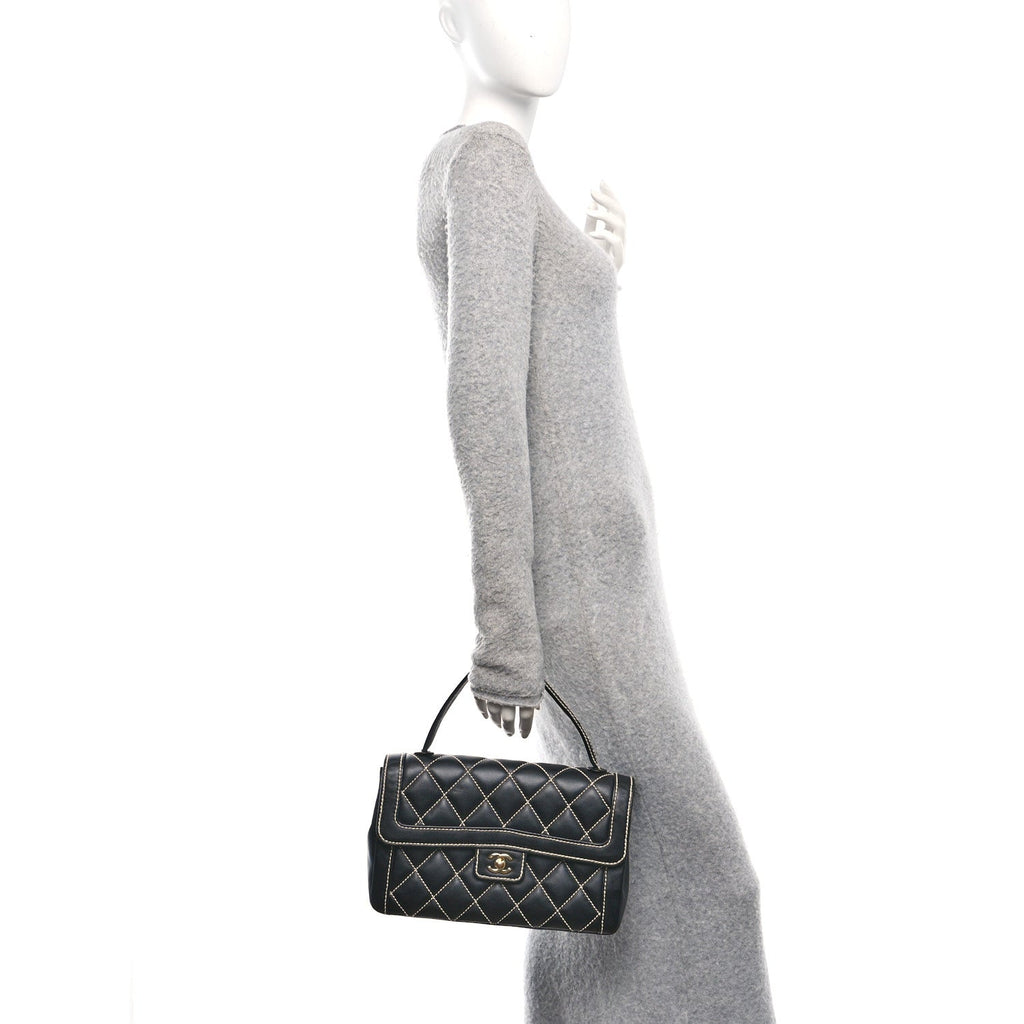Chanel Calfskin Quilted Wild Stitch Large Top Handle Flap Black