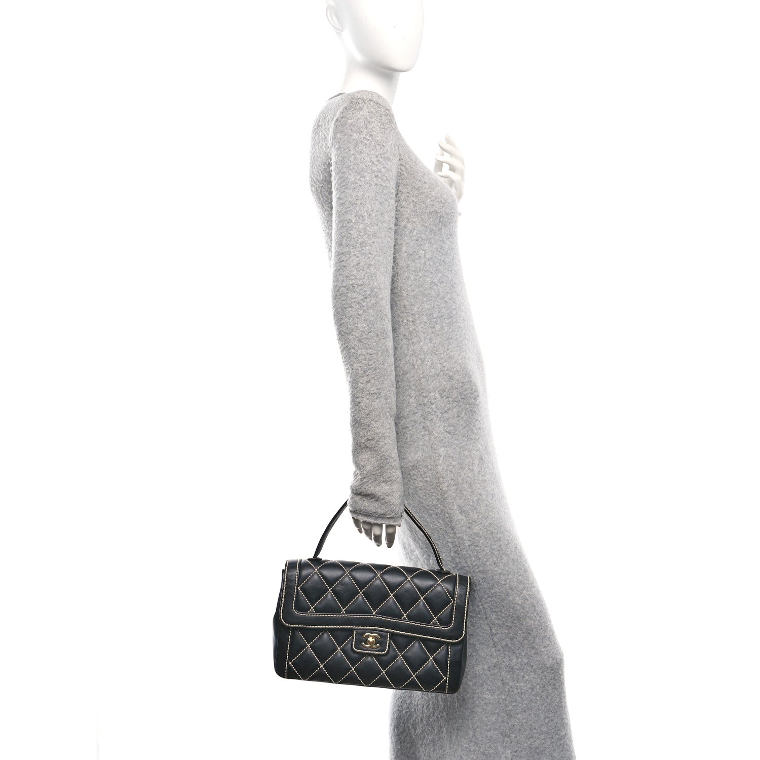 Chanel Calfskin Quilted Wild Stitch Large Top Handle Flap Black