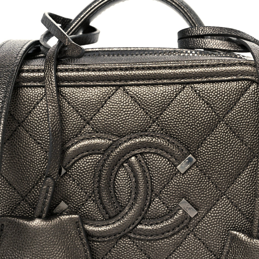 Chanel Metallic Caviar Quilted Small CC Filigree Vanity Case Dark Silver