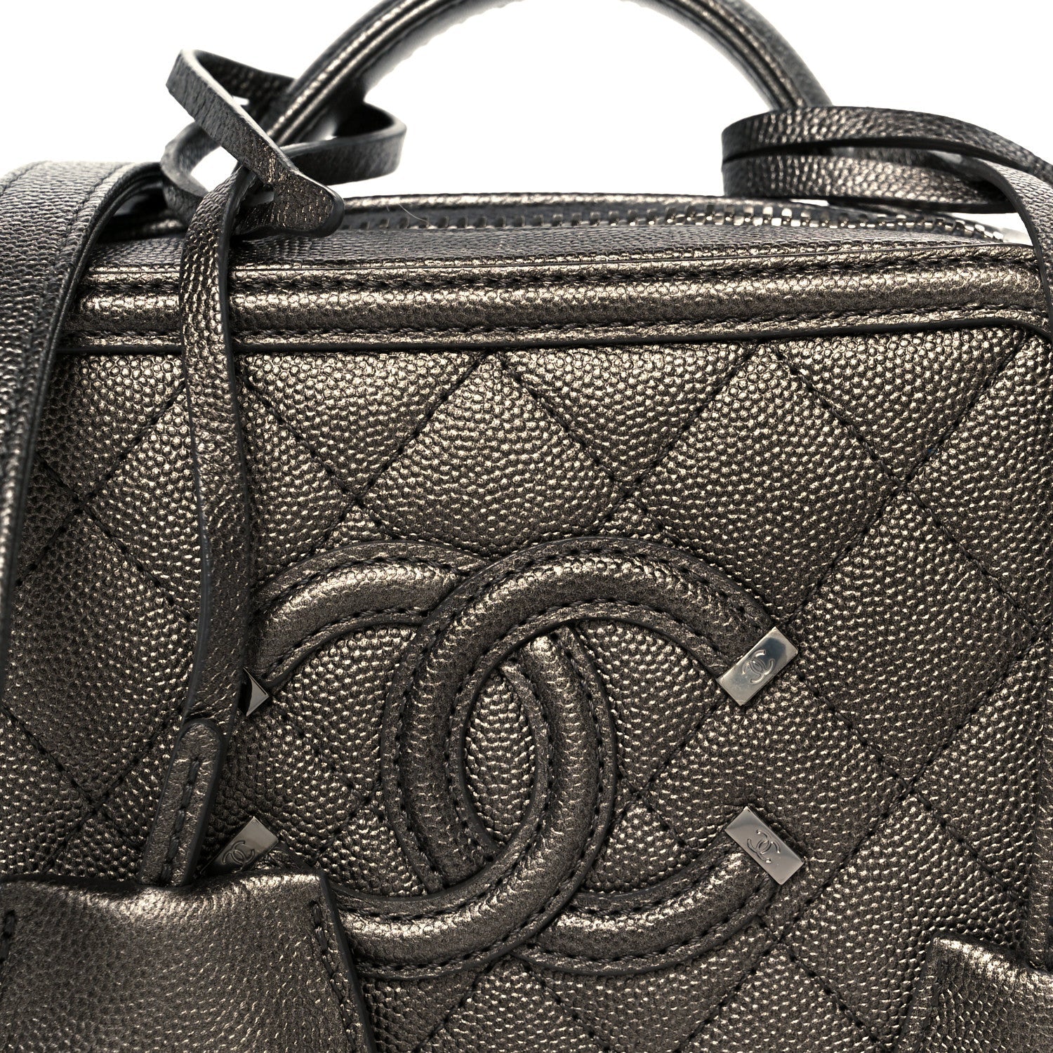 Chanel Metallic Caviar Quilted Small CC Filigree Vanity Case Dark Silver