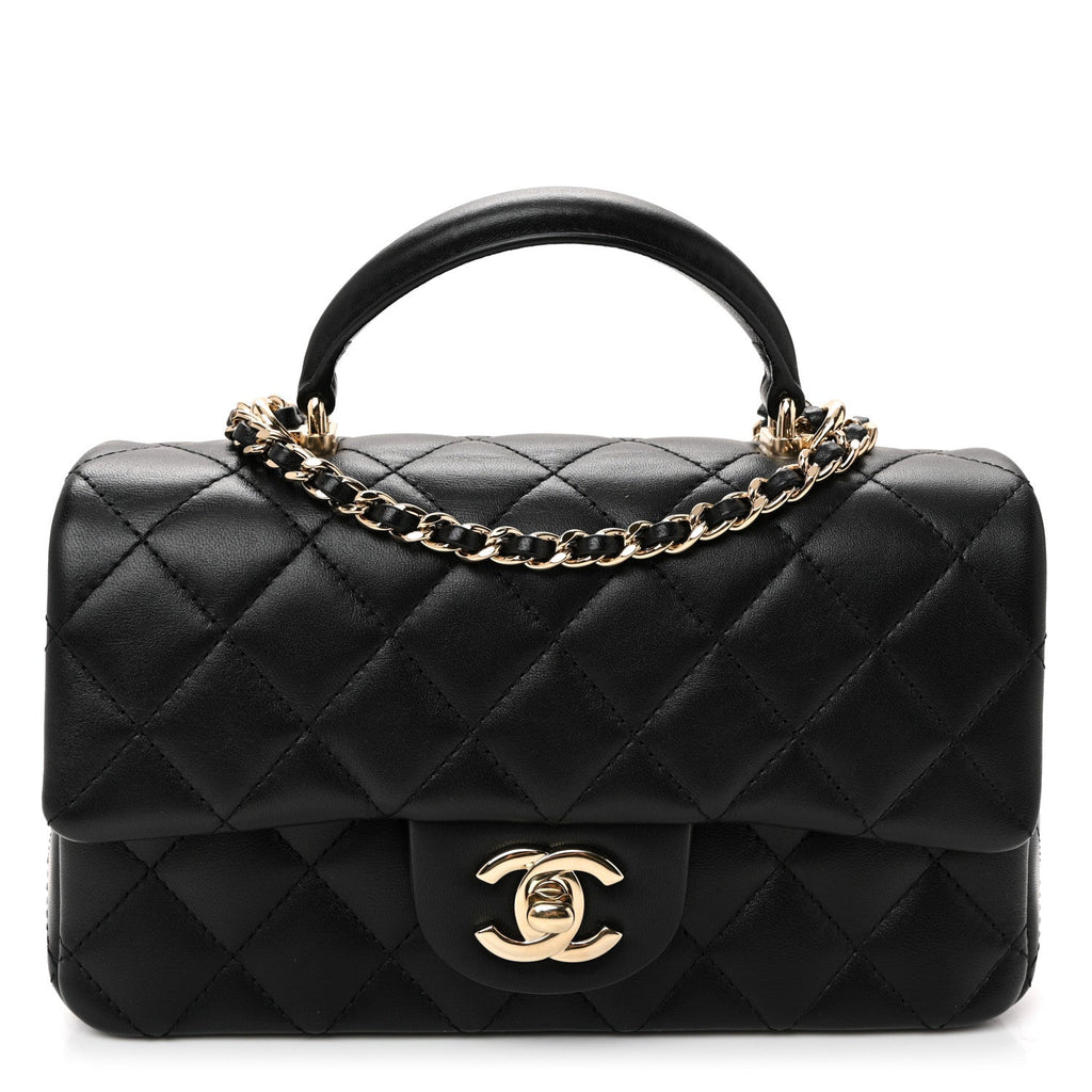 Chanel Lambskin Quilted Mini Top Handle Rectangular Flap Black