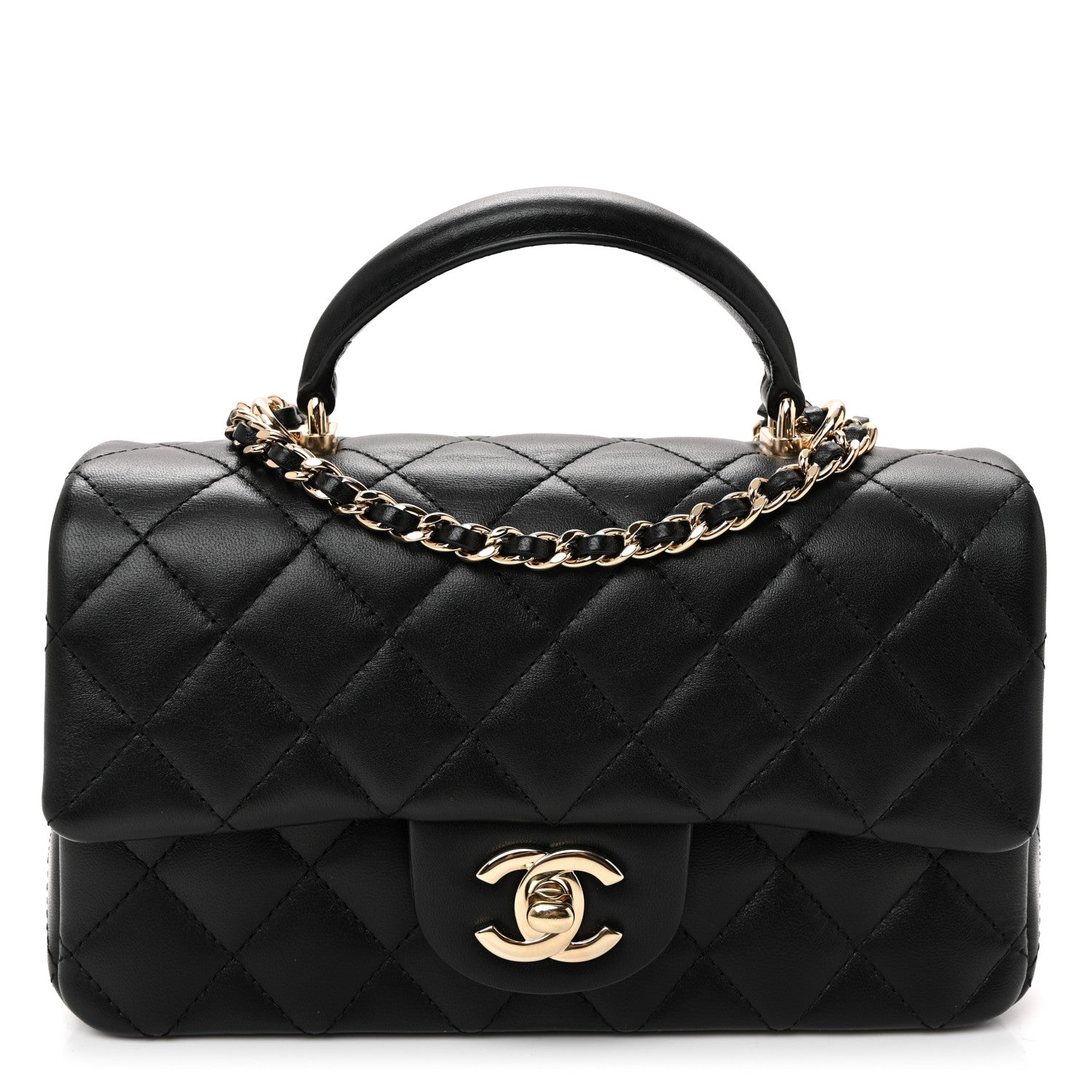Chanel Lambskin Quilted Mini Top Handle Rectangular Flap Black