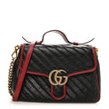 Gucci Vintage Effect Calfskin Matelasse Diagonal Small Torchon GG Marmont Top Handle Shoulder Bag Black Romantic Cherry