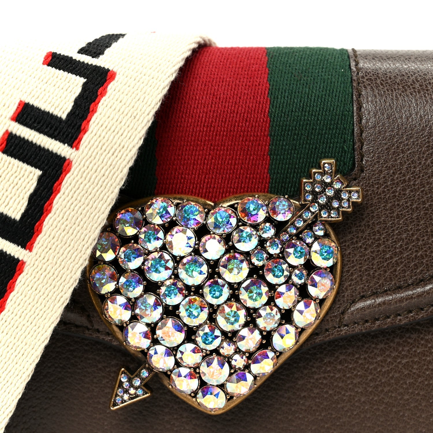 Gucci Textured Calfskin Web Crystal Heart Stripe Small Totem Shoulder Bag New Acero