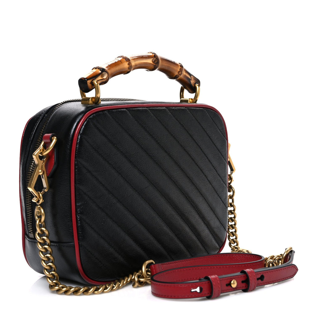 Gucci Vintage Effect Calfskin Matelasse Diagonal Small Torchon GG Marmont Bamboo Top Handle Shoulder Bag Black Romantic Cherry