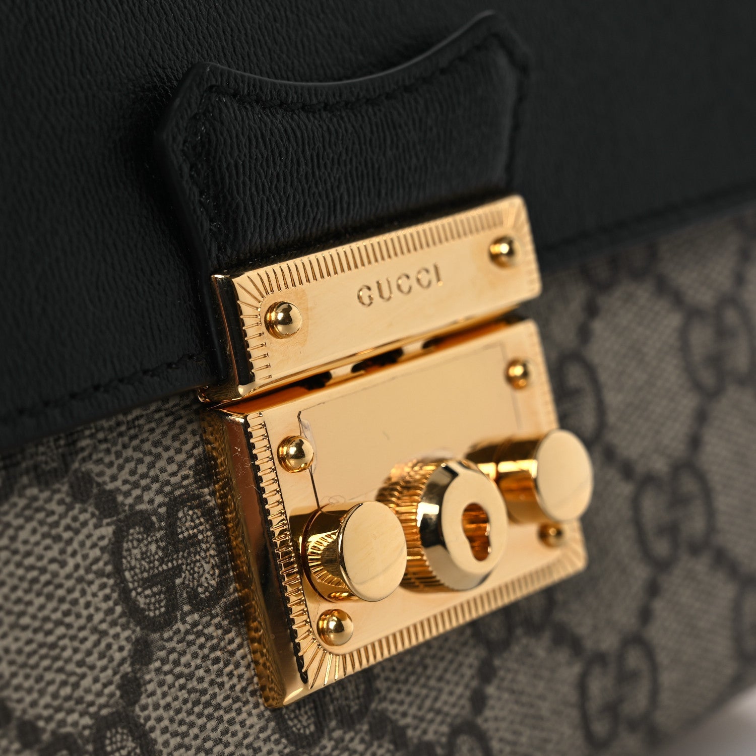 Gucci GG Supreme Monogram Calfskin Mini Padlock Top Handle Shoulder Bag Beige Black Cuir