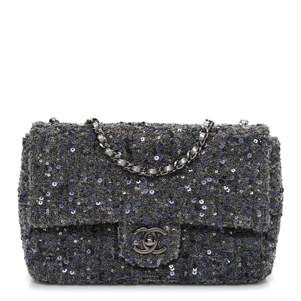 Chanel Sequin Quilted Small Single Flap Grey Dark Grey